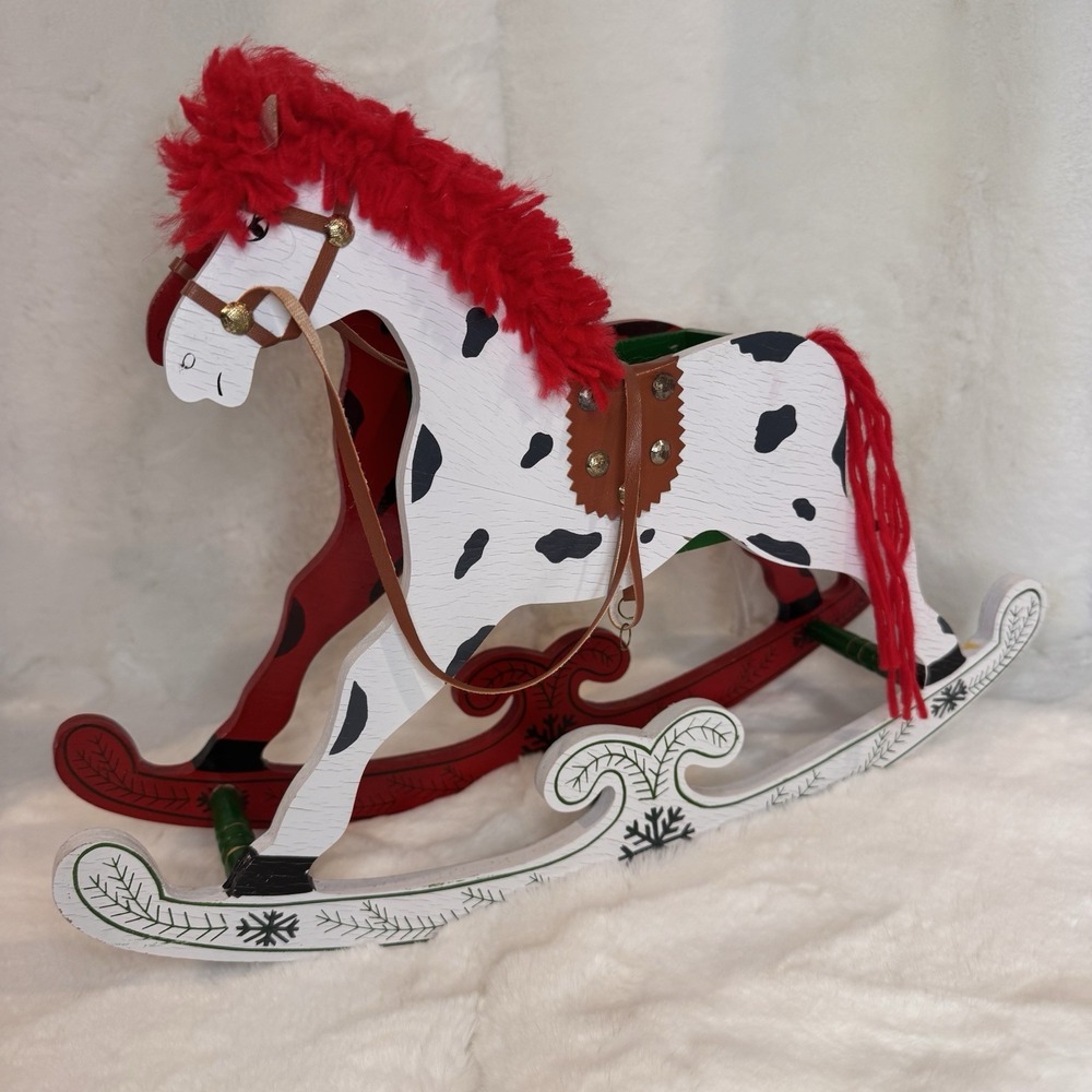 Vintage 12x17" Wooden Rocking Horse Centerpiece Dual Sided Christmas Red White